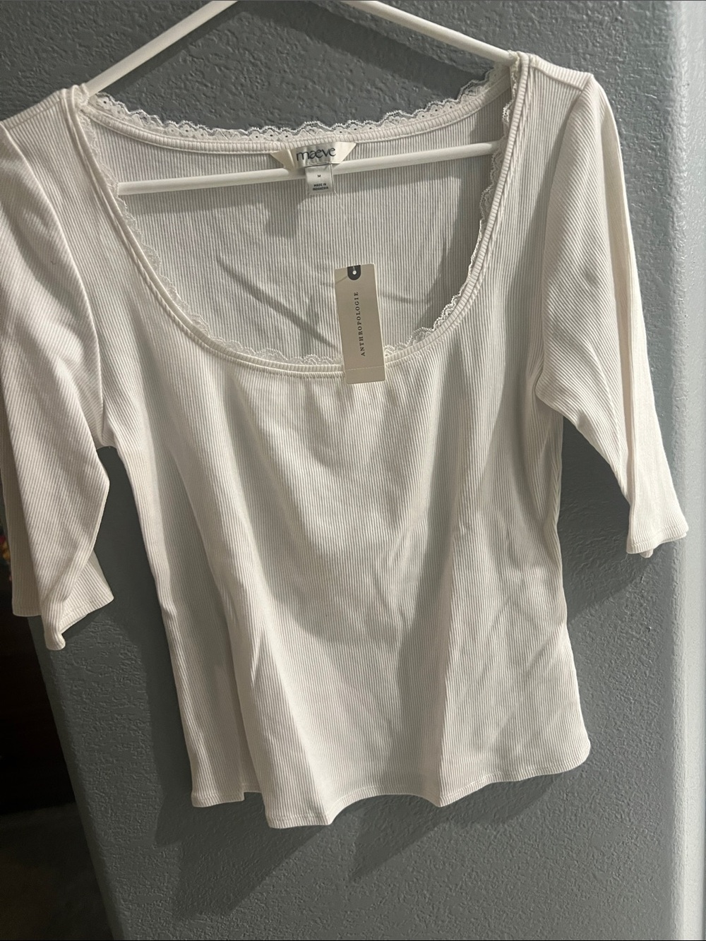 Maeve Cream Ribbed Scoop Neck Top with Lace Trim